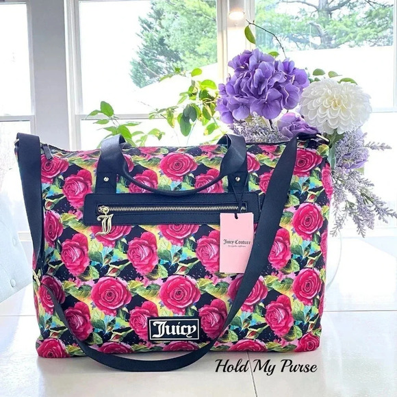 Juicy Couture Black Multi Rose Print Overnight Weekender Duffle Travel Bag - Picture 6 of 12
